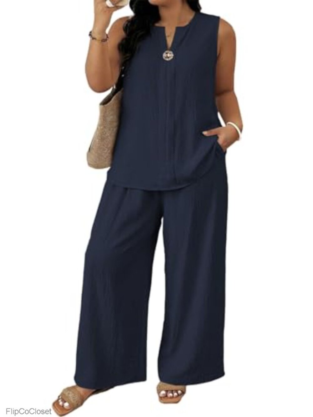 Plus Size 2 Piece Sets Sleeveless V Neck Wide Leg Pants